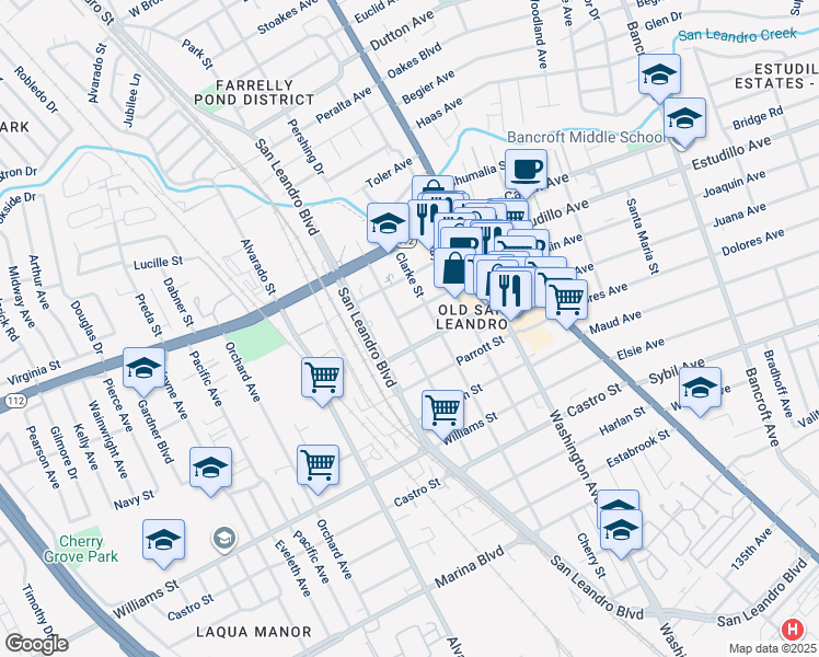 map of restaurants, bars, coffee shops, grocery stores, and more near 1412 Carpentier Street in San Leandro