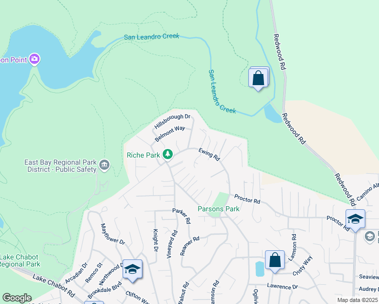 map of restaurants, bars, coffee shops, grocery stores, and more near Ewing Road in Castro Valley