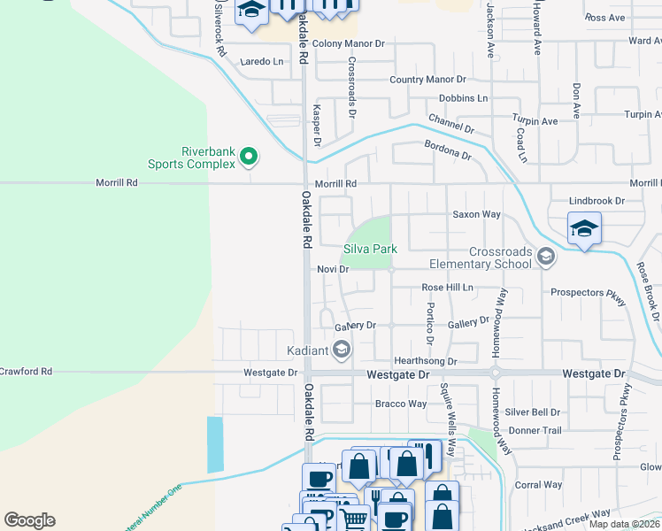 map of restaurants, bars, coffee shops, grocery stores, and more near 2249 Novi Drive in Riverbank
