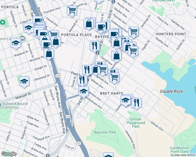 map of restaurants, bars, coffee shops, grocery stores, and more near 1326 Gilman Avenue in San Francisco