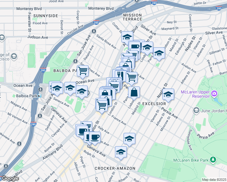 map of restaurants, bars, coffee shops, grocery stores, and more near 4780 Mission Street in San Francisco