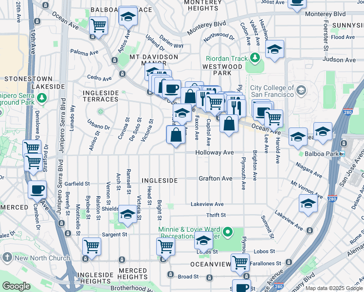 map of restaurants, bars, coffee shops, grocery stores, and more near 806 Holloway Avenue in San Francisco