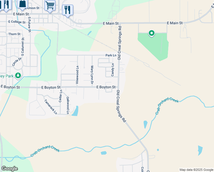 map of restaurants, bars, coffee shops, grocery stores, and more near 1803 East Boyton Street in Marion