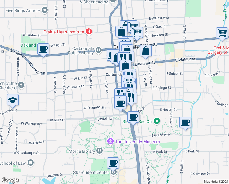 map of restaurants, bars, coffee shops, grocery stores, and more near 520 South University Avenue in Carbondale