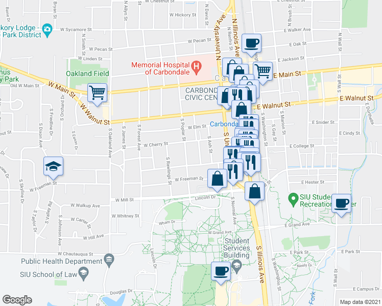 map of restaurants, bars, coffee shops, grocery stores, and more near 513 South Poplar Street in Carbondale