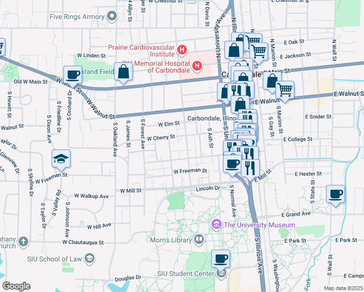 map of restaurants, bars, coffee shops, grocery stores, and more near 513 South Poplar Street in Carbondale
