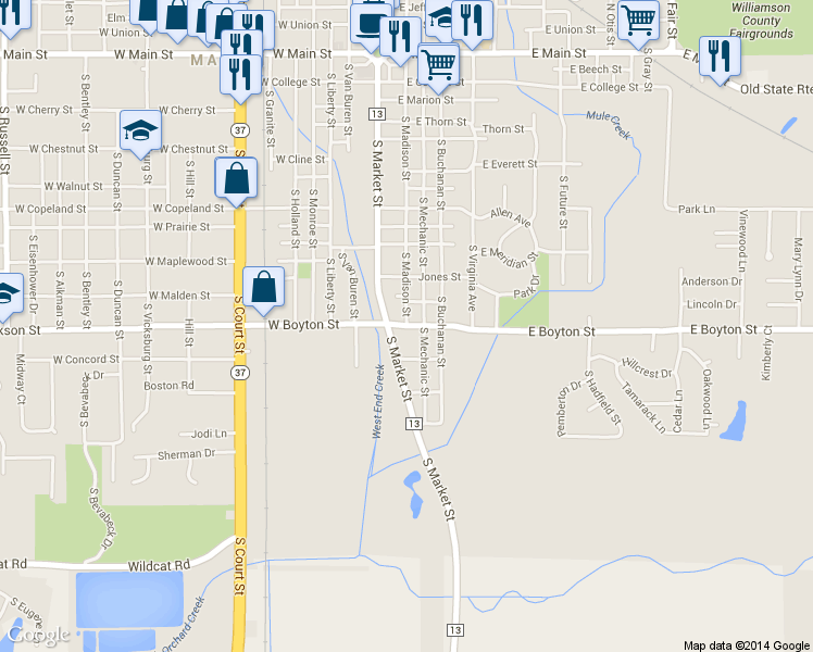 map of restaurants, bars, coffee shops, grocery stores, and more near 203 East Boyton Street in Marion