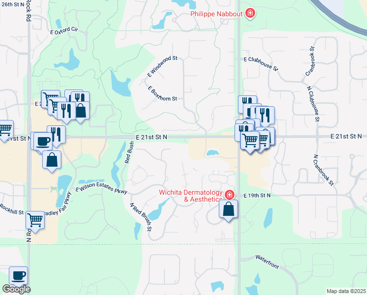map of restaurants, bars, coffee shops, grocery stores, and more near 9191 East 21st Street North in Wichita
