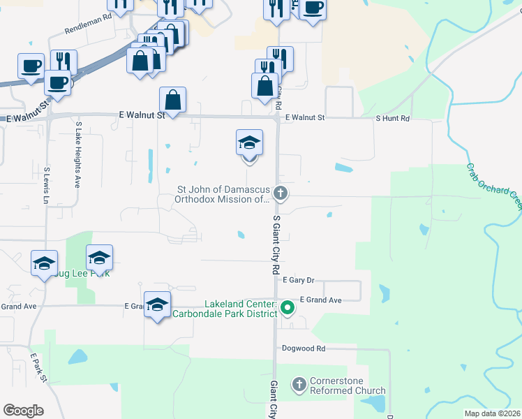 map of restaurants, bars, coffee shops, grocery stores, and more near 504 South Giant City Road in Carbondale
