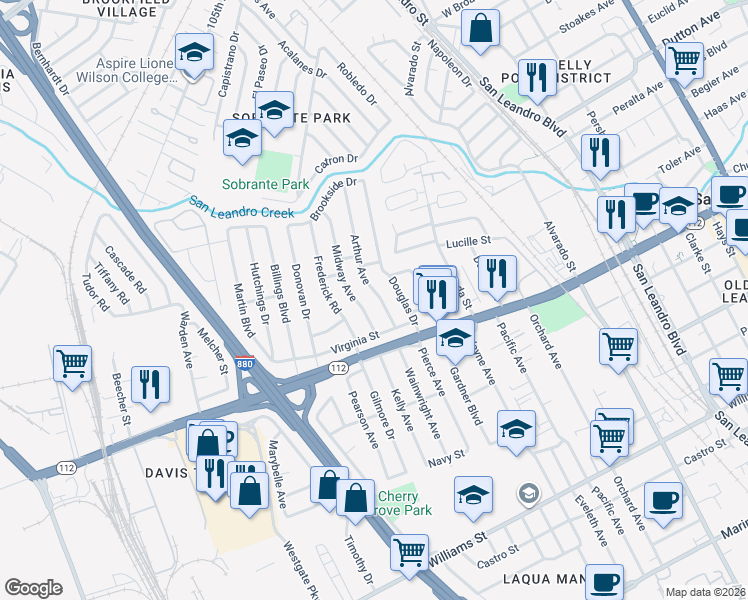 map of restaurants, bars, coffee shops, grocery stores, and more near 1075 Arthur Avenue in San Leandro