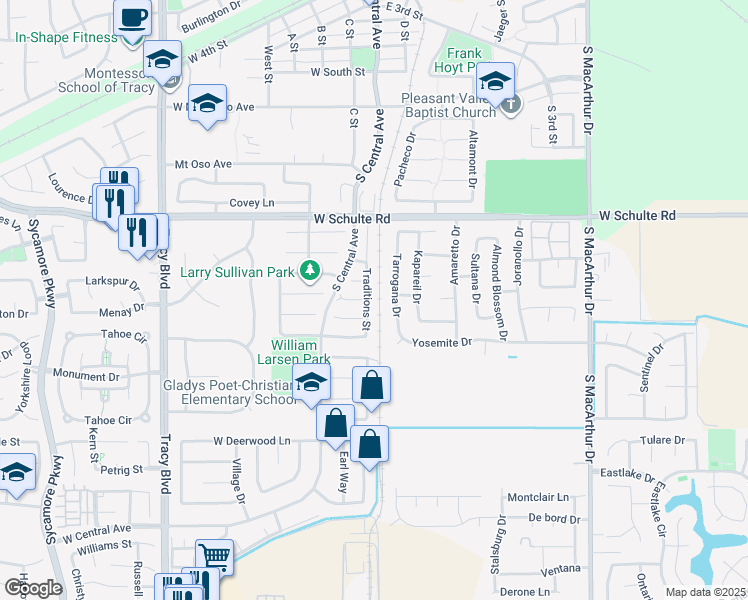 map of restaurants, bars, coffee shops, grocery stores, and more near 1100 Traditions Street in Tracy