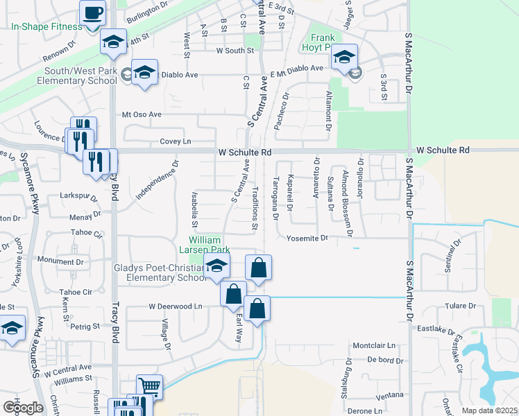 map of restaurants, bars, coffee shops, grocery stores, and more near 1100 Traditions Street in Tracy
