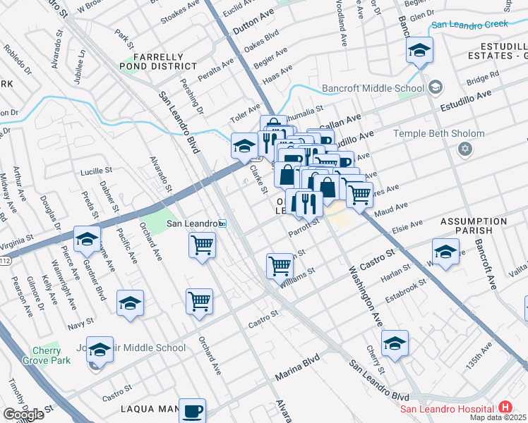 map of restaurants, bars, coffee shops, grocery stores, and more near 1412 Carpentier Street in San Leandro
