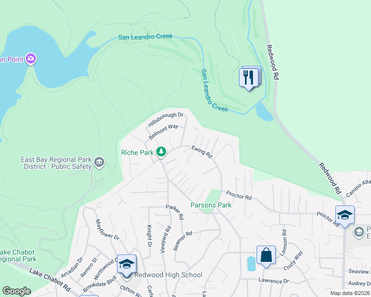 map of restaurants, bars, coffee shops, grocery stores, and more near 4537 Ewing Road in Castro Valley