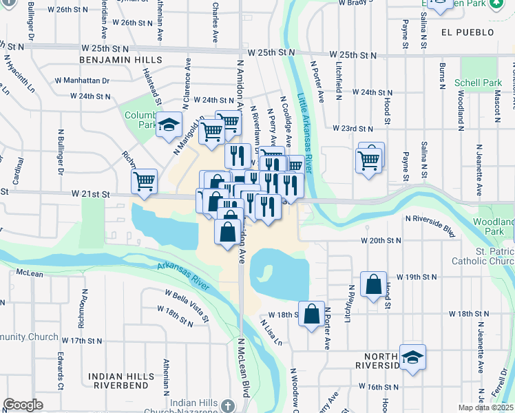map of restaurants, bars, coffee shops, grocery stores, and more near 1919 West 21st St N in Wichita