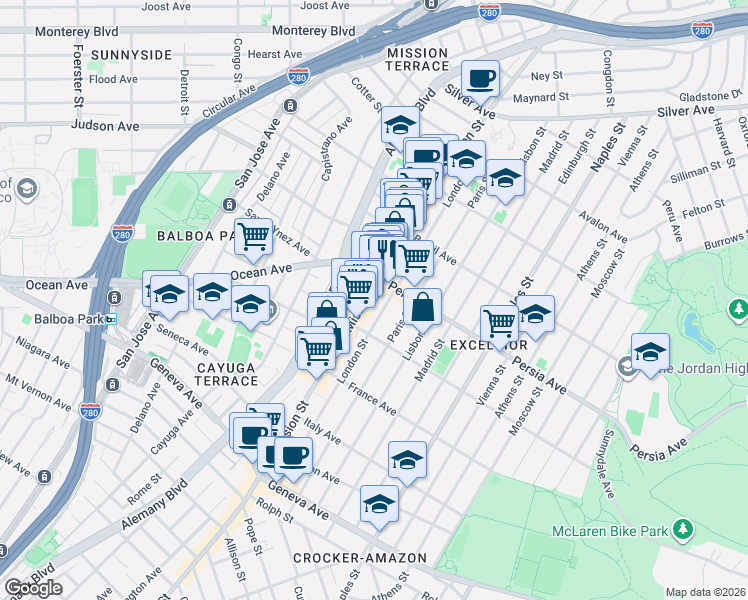 map of restaurants, bars, coffee shops, grocery stores, and more near 450 London Street in San Francisco