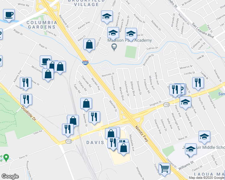 map of restaurants, bars, coffee shops, grocery stores, and more near 861 O'Donnell Avenue in San Leandro