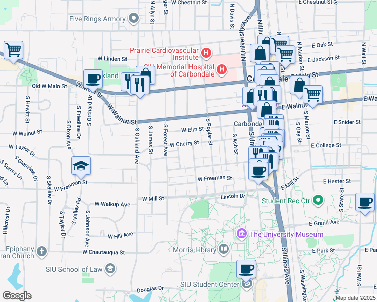 map of restaurants, bars, coffee shops, grocery stores, and more near 511 South Rawlings Street in Carbondale