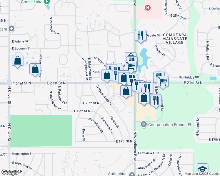 map of restaurants, bars, coffee shops, grocery stores, and more near 2120 North Farmstead Street in Wichita