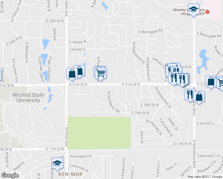 map of restaurants, bars, coffee shops, grocery stores, and more near 2109 North Parkwood Lane in Wichita
