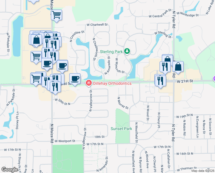map of restaurants, bars, coffee shops, grocery stores, and more near 9707-9711 West Cornelison Street in Wichita