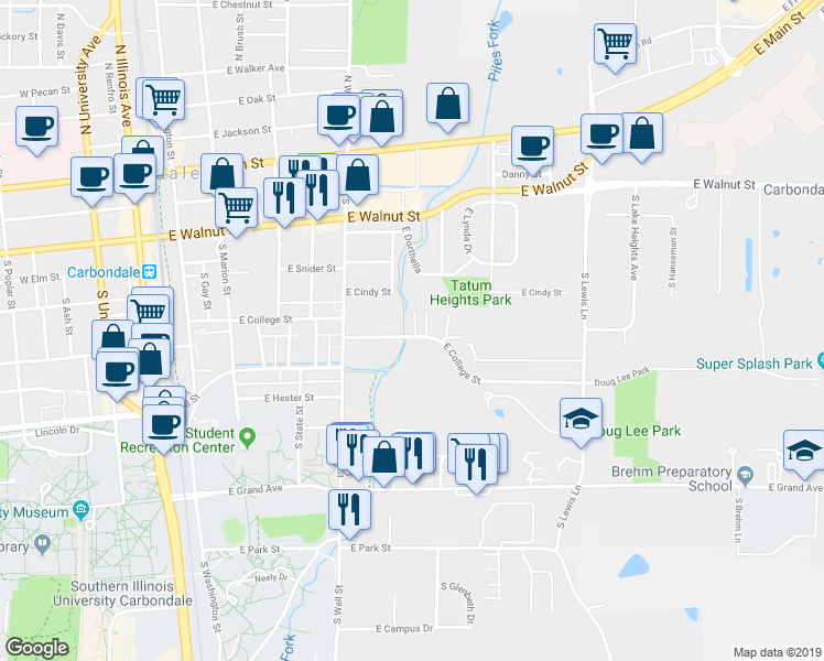 map of restaurants, bars, coffee shops, grocery stores, and more near 708 East College Street in Carbondale