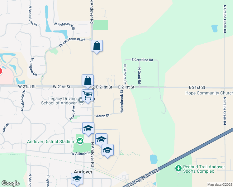 map of restaurants, bars, coffee shops, grocery stores, and more near 2023 Harvest Ridge Court in Andover