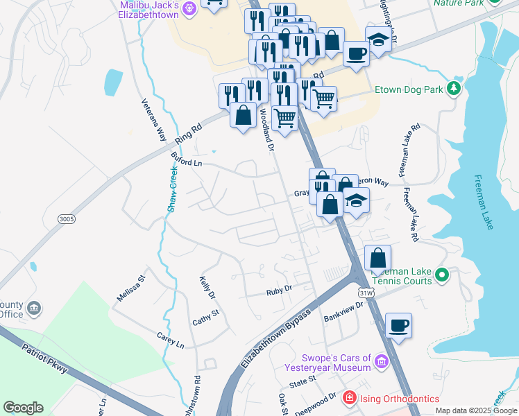 map of restaurants, bars, coffee shops, grocery stores, and more near 400 Ponderosa Drive in Elizabethtown