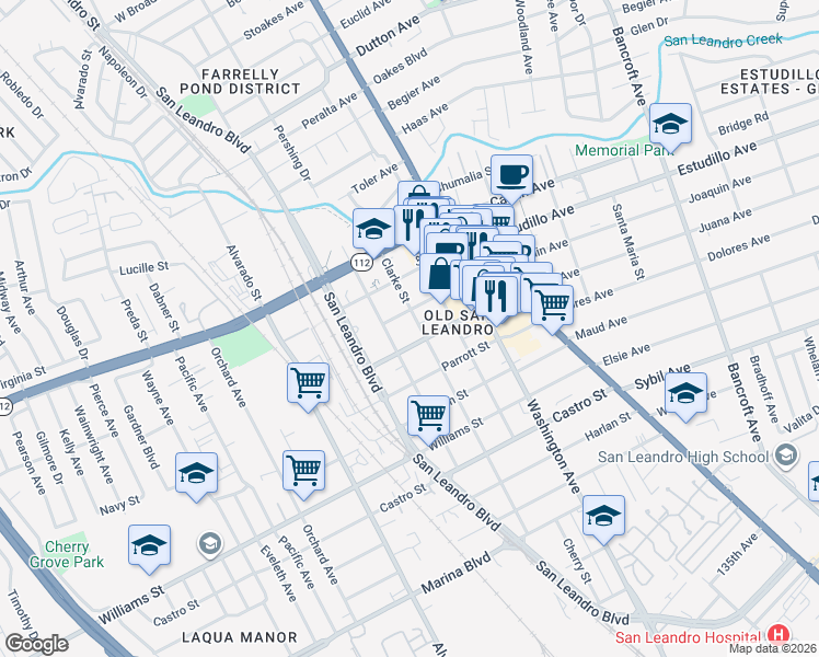 map of restaurants, bars, coffee shops, grocery stores, and more near 1400 Carpentier Street in San Leandro