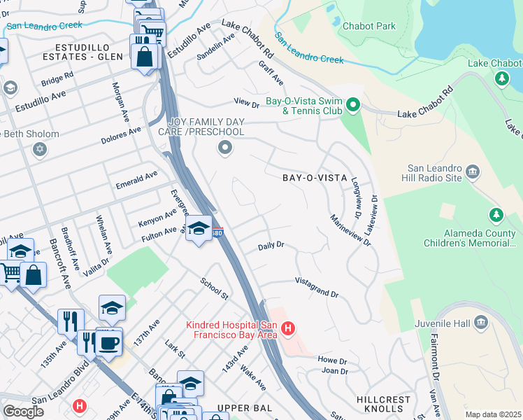 map of restaurants, bars, coffee shops, grocery stores, and more near 1418 Montrose Drive in San Leandro