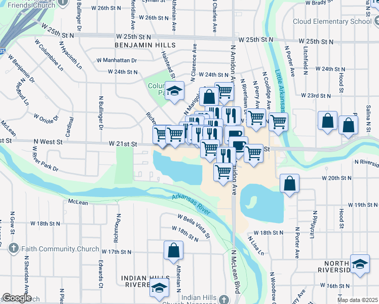 map of restaurants, bars, coffee shops, grocery stores, and more near 2061 West 21st Street in Wichita