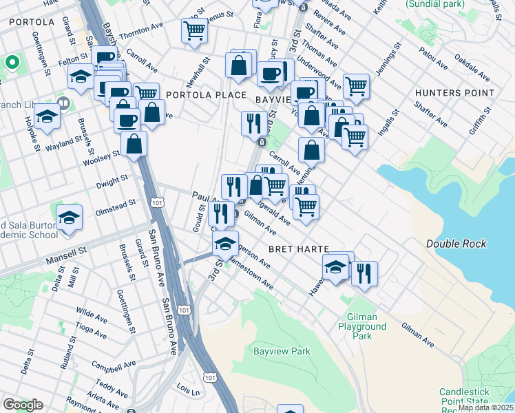 map of restaurants, bars, coffee shops, grocery stores, and more near 1326 Gilman Avenue in San Francisco