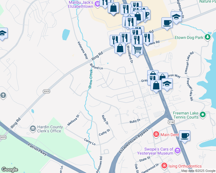 map of restaurants, bars, coffee shops, grocery stores, and more near 498 Ponderosa Drive in Elizabethtown