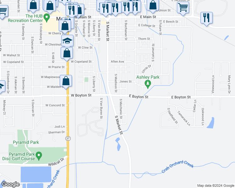 map of restaurants, bars, coffee shops, grocery stores, and more near 1205 South Madison Street in Marion