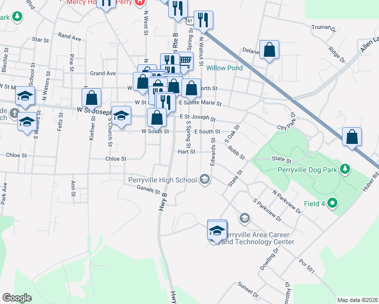 map of restaurants, bars, coffee shops, grocery stores, and more near 206 South Walnut Street in Perryville