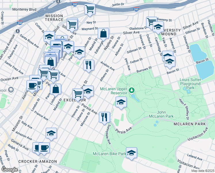 map of restaurants, bars, coffee shops, grocery stores, and more near 347 Moscow Street in San Francisco