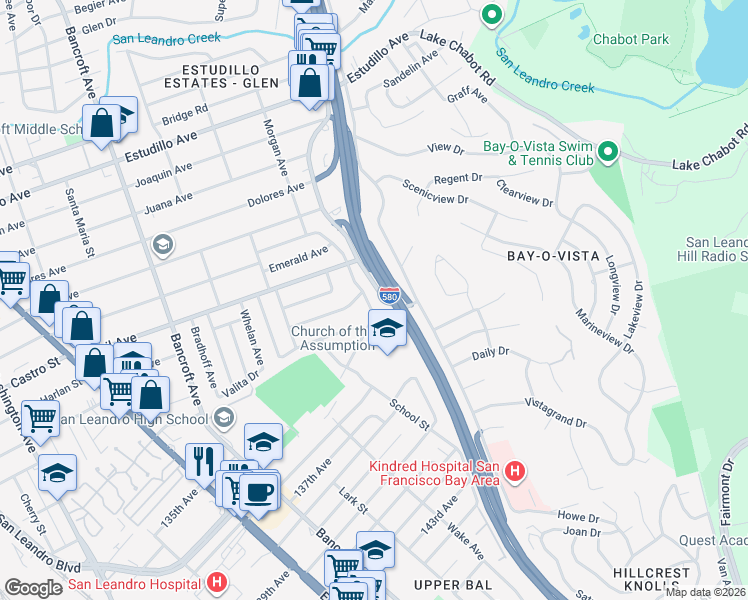 map of restaurants, bars, coffee shops, grocery stores, and more near 931 Kenyon Avenue in San Leandro