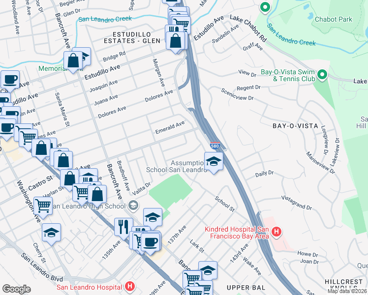 map of restaurants, bars, coffee shops, grocery stores, and more near 864 Kenyon Avenue in San Leandro