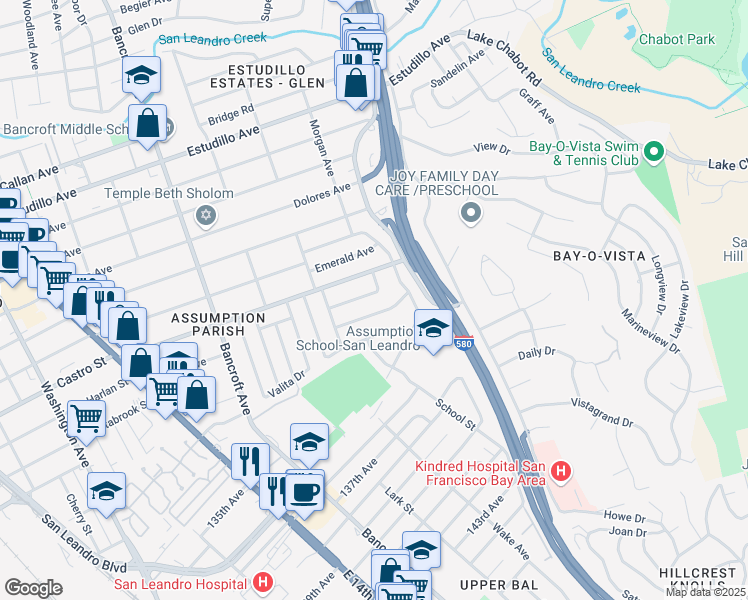 map of restaurants, bars, coffee shops, grocery stores, and more near 864 Kenyon Avenue in San Leandro