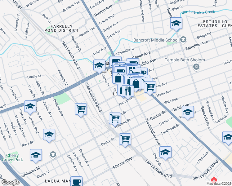 map of restaurants, bars, coffee shops, grocery stores, and more near 393 West Juana Avenue in San Leandro