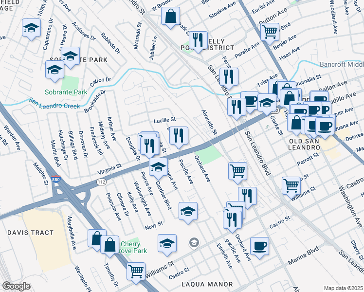 map of restaurants, bars, coffee shops, grocery stores, and more near 1080 California 112 in San Leandro