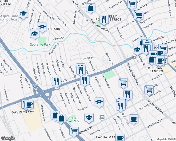 map of restaurants, bars, coffee shops, grocery stores, and more near 1190 Davis Street in San Leandro