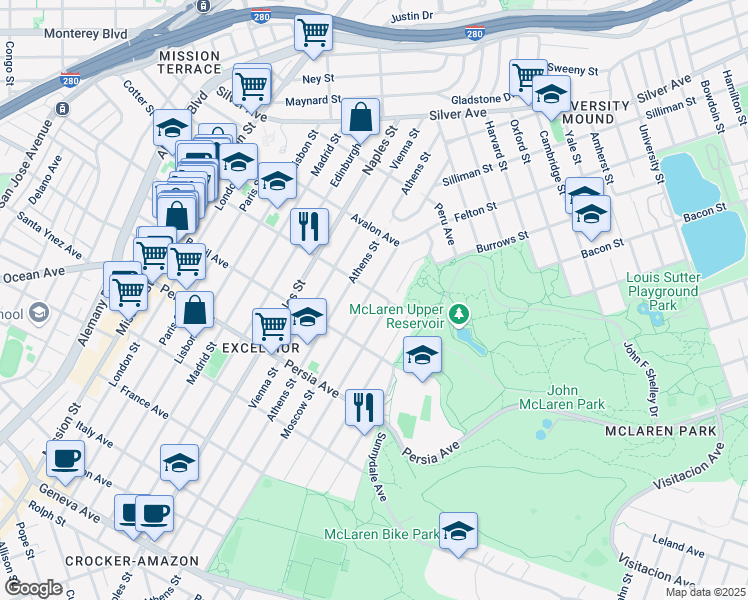 map of restaurants, bars, coffee shops, grocery stores, and more near 347 Moscow Street in San Francisco