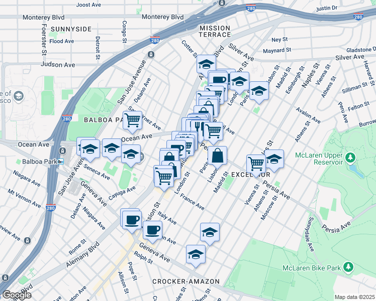 map of restaurants, bars, coffee shops, grocery stores, and more near 450 London Street in San Francisco
