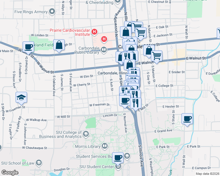 map of restaurants, bars, coffee shops, grocery stores, and more near 513 South Beveridge Street in Carbondale