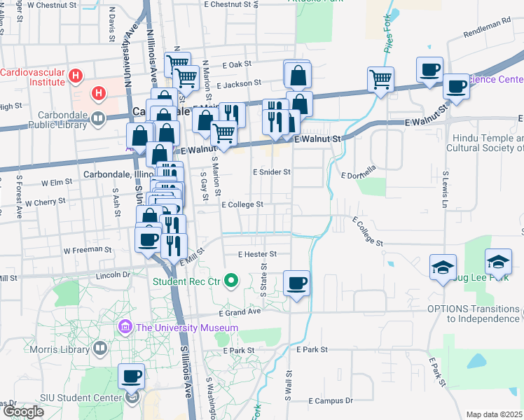 map of restaurants, bars, coffee shops, grocery stores, and more near 606 South Logan Avenue in Carbondale