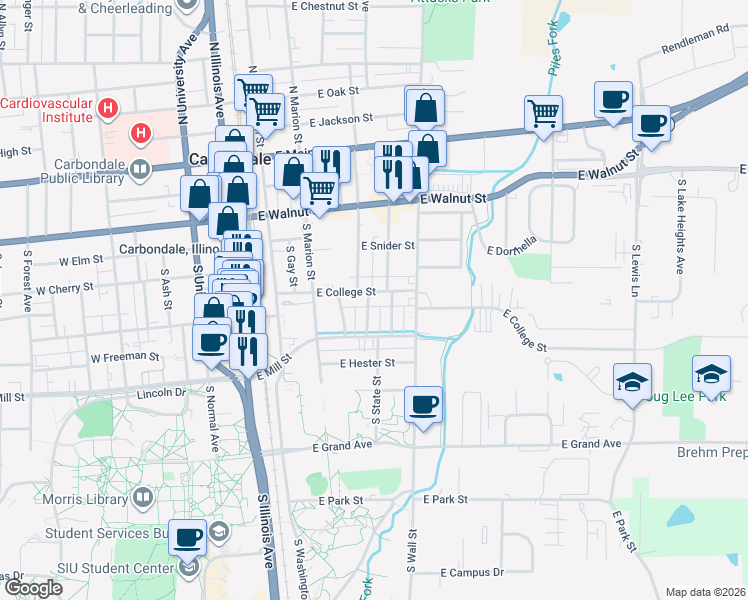 map of restaurants, bars, coffee shops, grocery stores, and more near 405 East College Street in Carbondale
