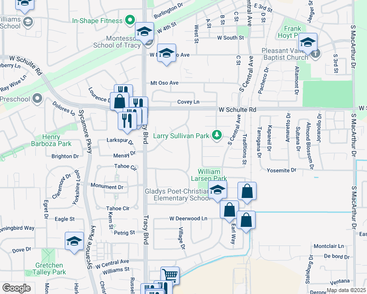 map of restaurants, bars, coffee shops, grocery stores, and more near 1065 Constitution Way in Tracy