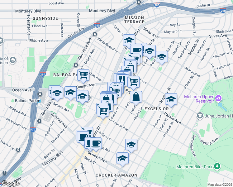 map of restaurants, bars, coffee shops, grocery stores, and more near 4758-4764 Mission Street in San Francisco