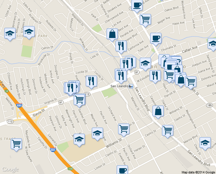 map of restaurants, bars, coffee shops, grocery stores, and more near 1300 Davis Street in San Leandro